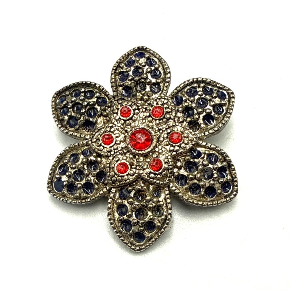 Vintage Silver Tone Red Blue Rhinestone Flower Brooch Pin Floral Statement Jewel